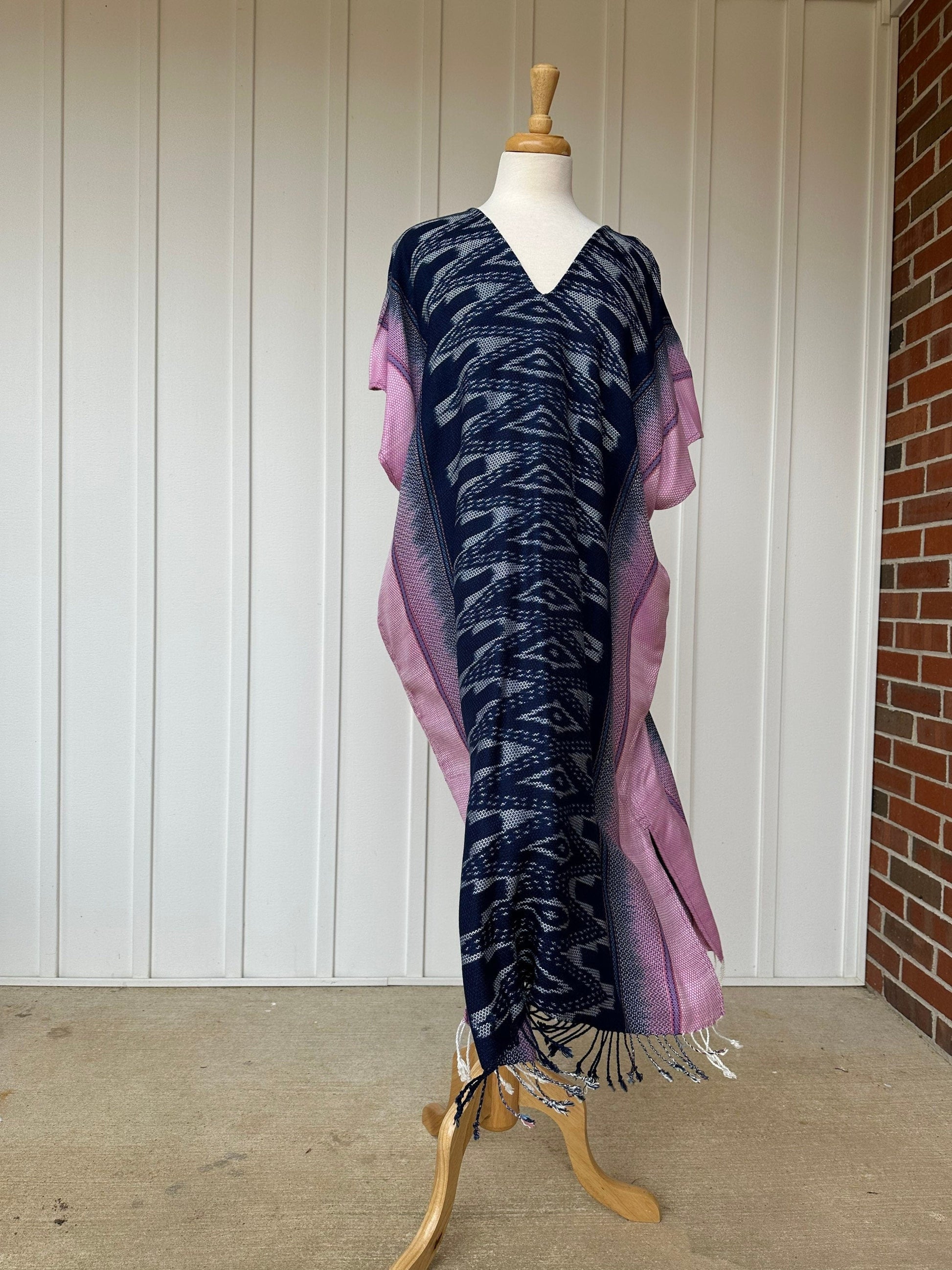 MALA handworks  Ikat Hand Woven Pattern Kaftan in Indigo Blue with White and Organic Dye