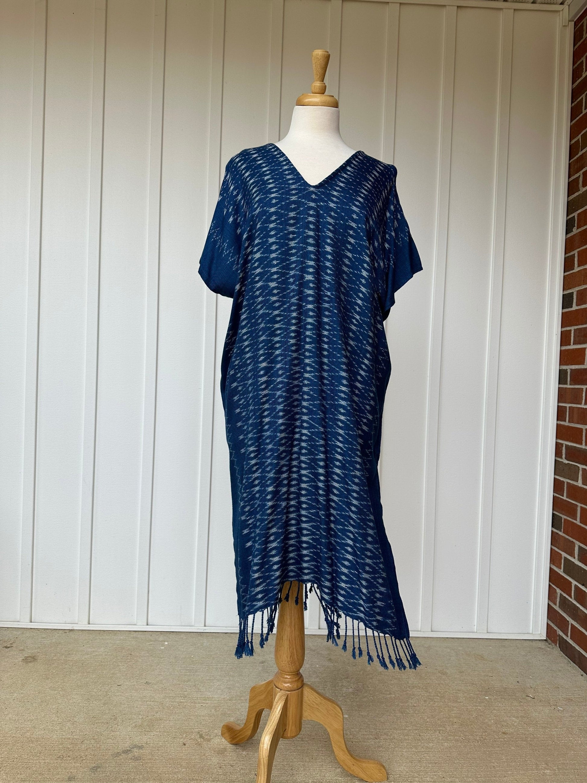 MALA handworks  Ikat Hand Woven Pattern Kaftan in Indigo Blue with White and Organic Dye