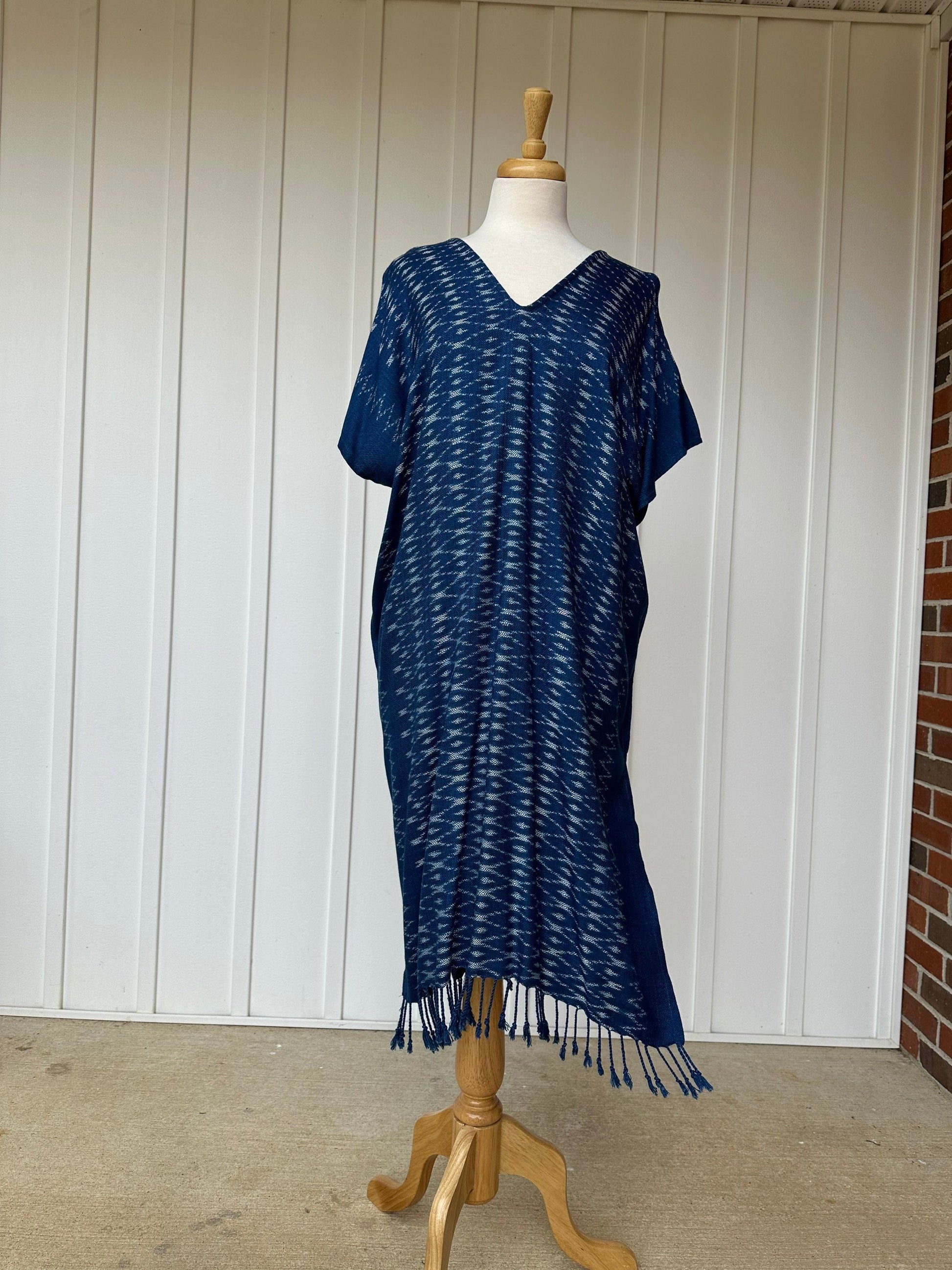 MALA handworks  Ikat Hand Woven Pattern Kaftan in Indigo Blue with White and Organic Dye