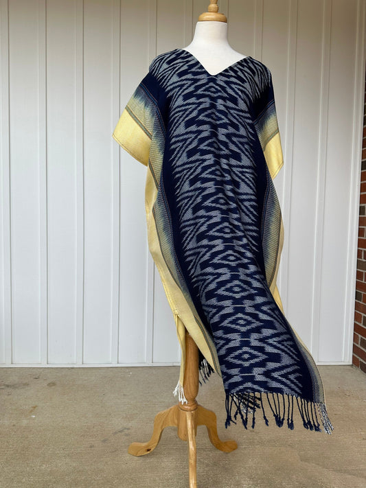 MALA handworks  Ikat Hand Woven Pattern Kaftan in Indigo Blue with White and Organic Dye