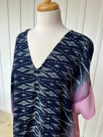 MALA handworks  Ikat Hand Woven Pattern Kaftan in Indigo Blue with White and Pink Organic Dye