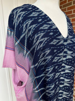 MALA handworks  Ikat Hand Woven Pattern Kaftan in Indigo Blue with White and Pink Organic Dye