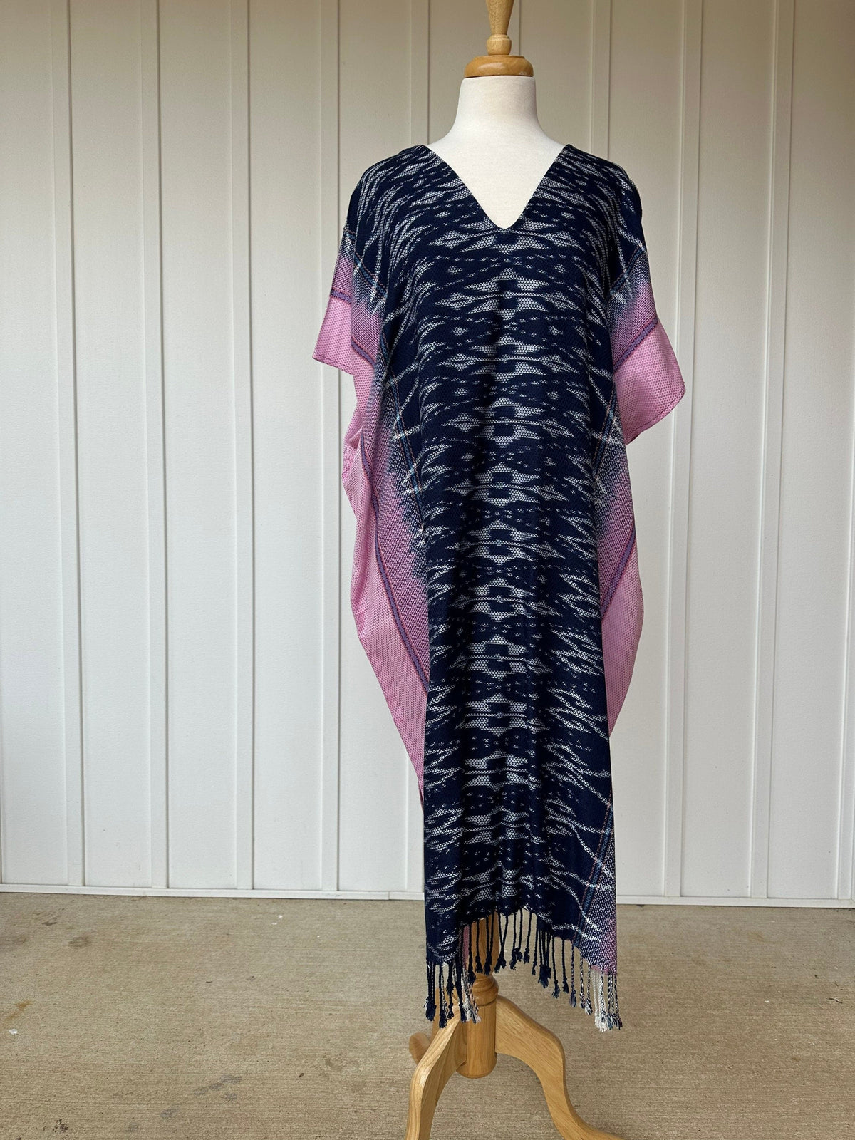 MALA handworks  Ikat Hand Woven Pattern Kaftan in Indigo Blue with White and Pink Organic Dye