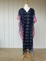 MALA handworks  Ikat Hand Woven Pattern Kaftan in Indigo Blue with White and Pink Organic Dye