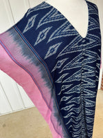 MALA handworks  Ikat Hand Woven Pattern Kaftan in Indigo Blue with White and Pink Organic Dye