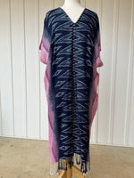 MALA handworks  Ikat Hand Woven Pattern Kaftan in Indigo Blue with White and Pink Organic Dye