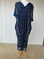 MALA handworks  Ikat Hand Woven Pattern Kaftan in Indigo Blue with White and Pink Organic Dye