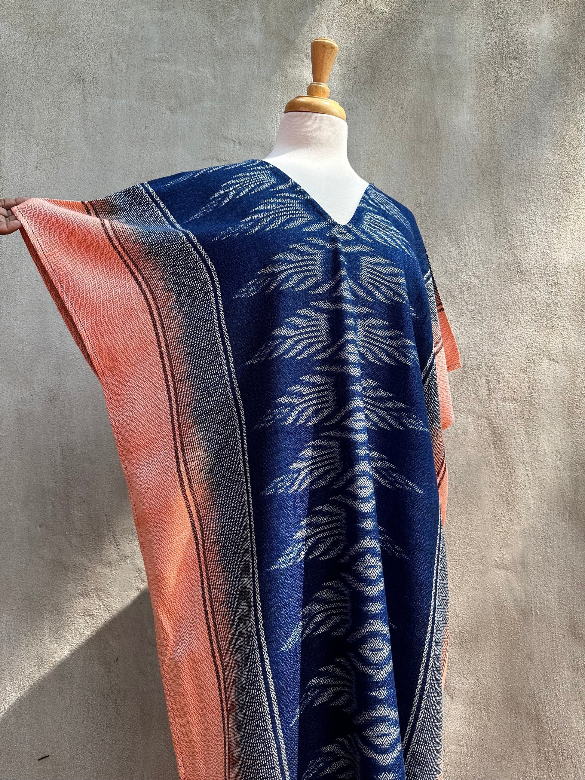 MALA handworks  Ikat Hand Woven Pattern Kaftan in Indigo Blue with White and Salmon Pink