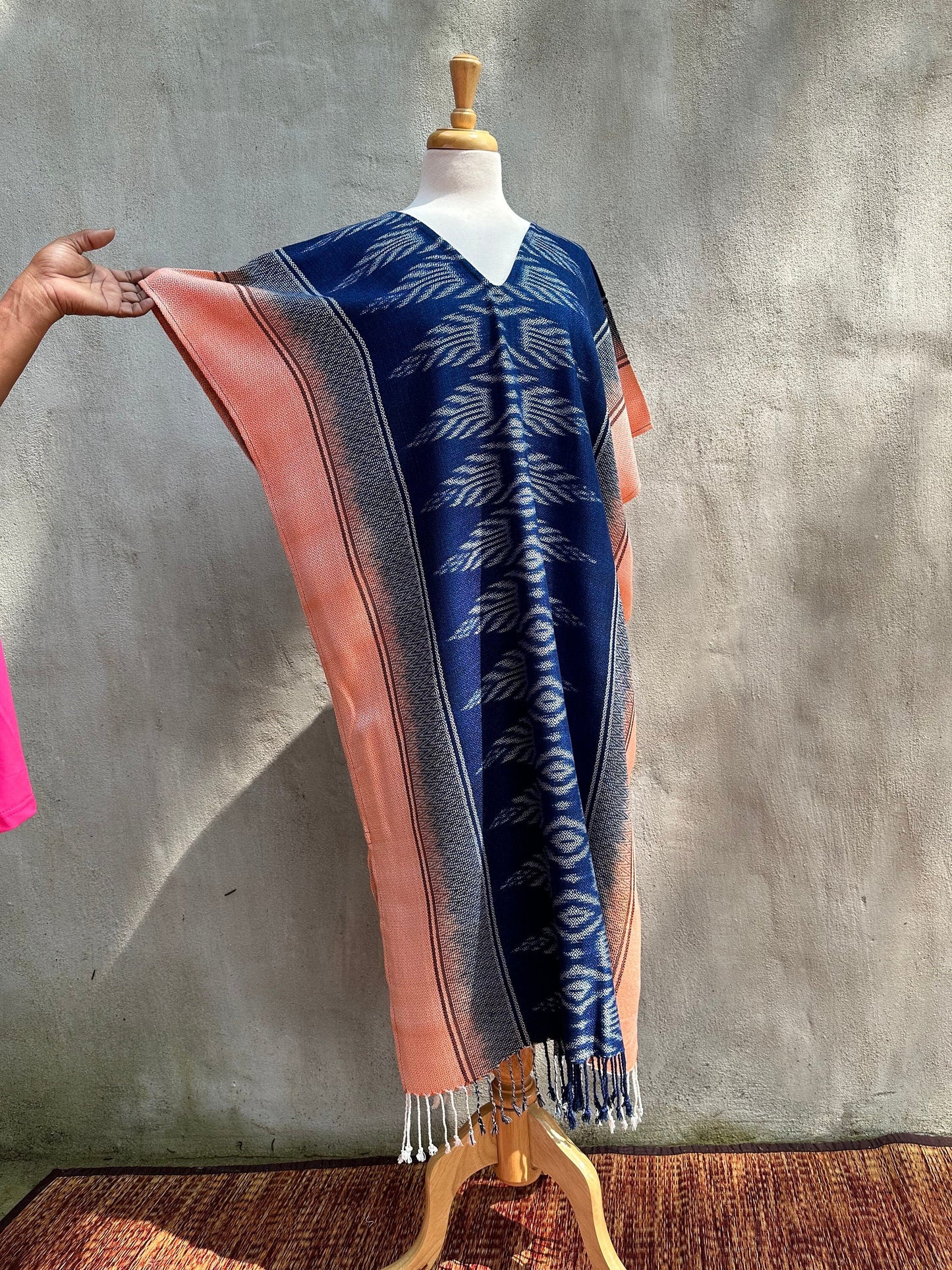 MALA handworks  Ikat Hand Woven Pattern Kaftan in Indigo Blue with White and Salmon Pink