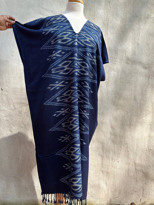 MALA handworks  Ikat Hand Woven Pattern Kaftan in Indigo Blue with White