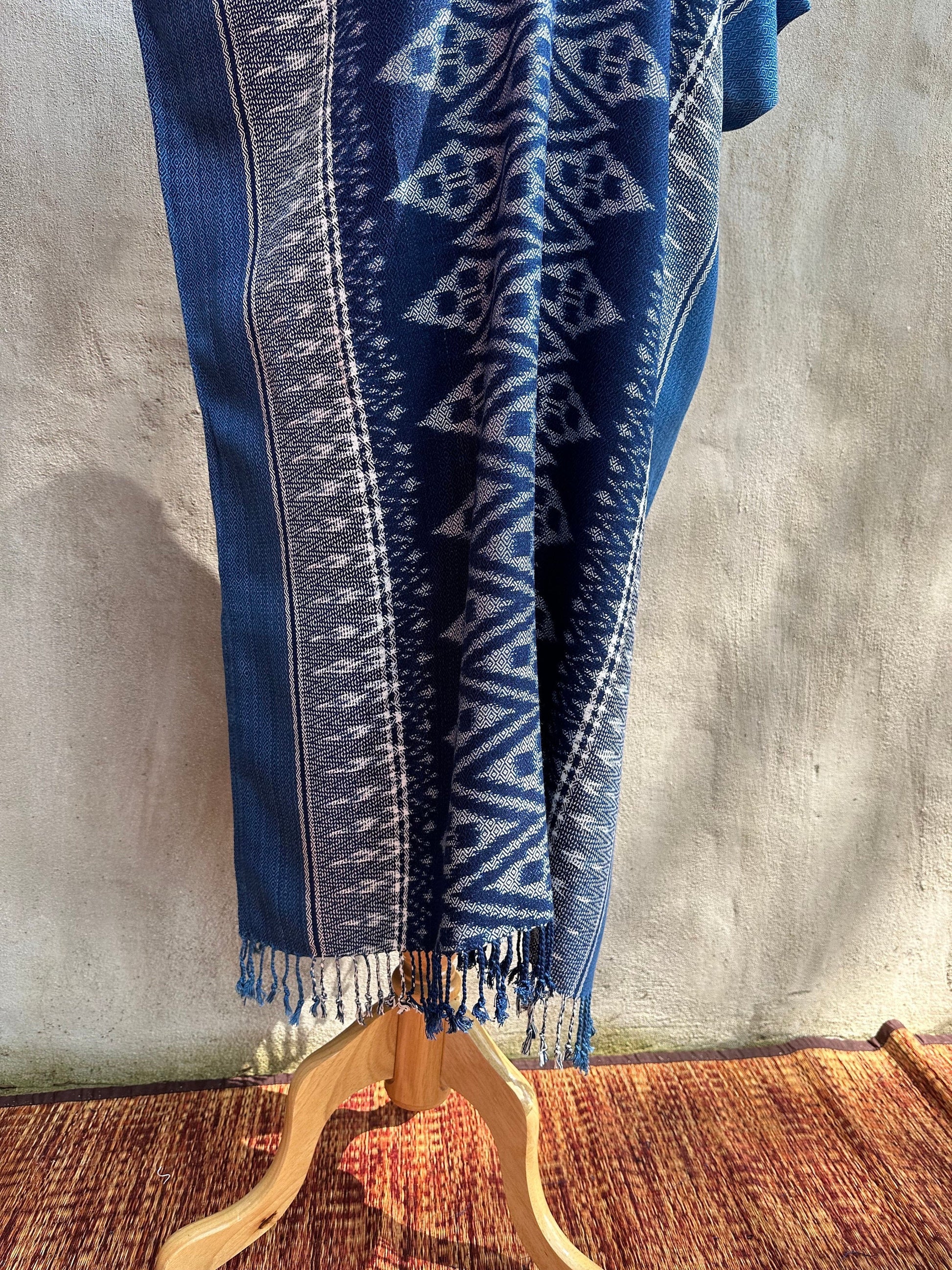 MALA handworks  Ikat Hand Woven Pattern Kaftan in Indigo Blue with White