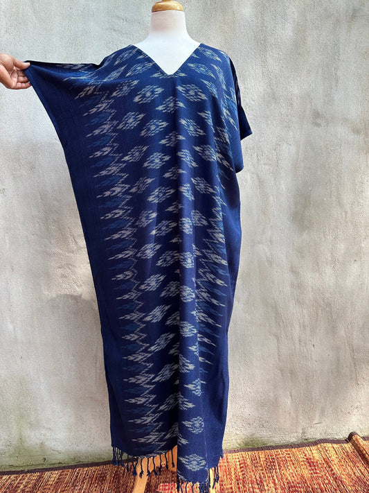 MALA handworks  Ikat Hand Woven Pattern Kaftan in Indigo Blue with White