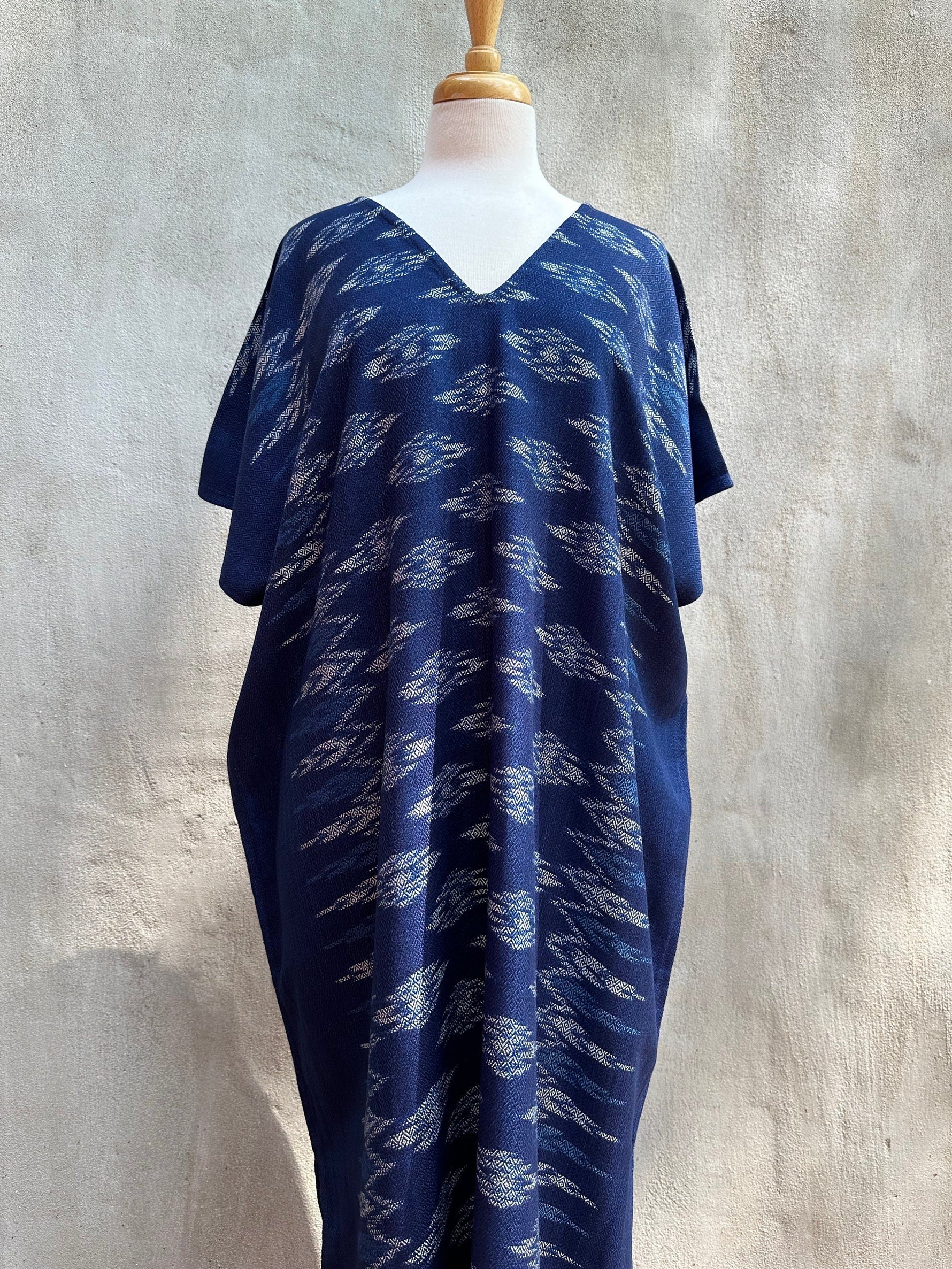 MALA handworks  Ikat Hand Woven Pattern Kaftan in Indigo Blue with White