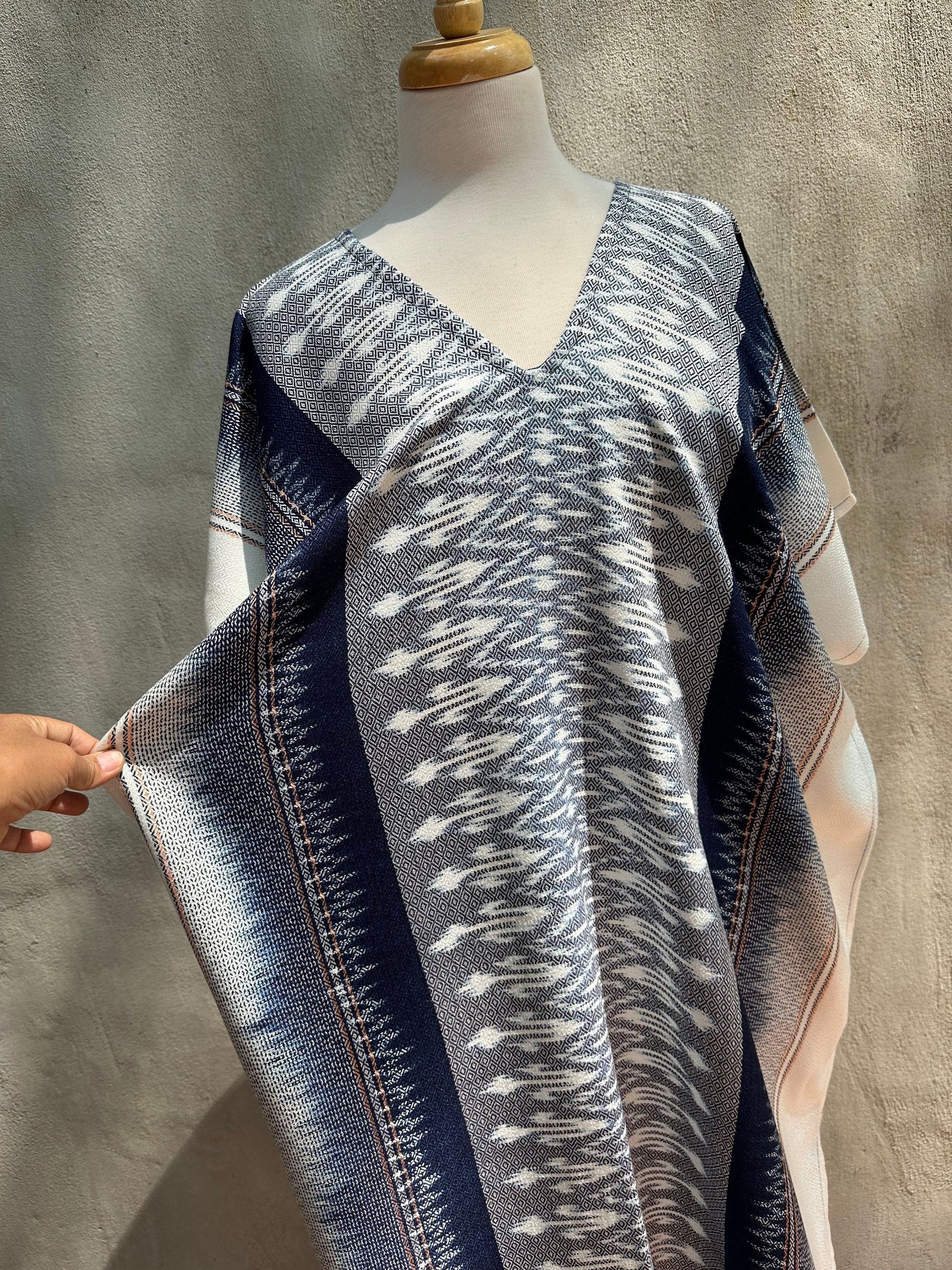 MALA handworks  Ikat Hand Woven Pattern Kaftan in Indigo Blue with White