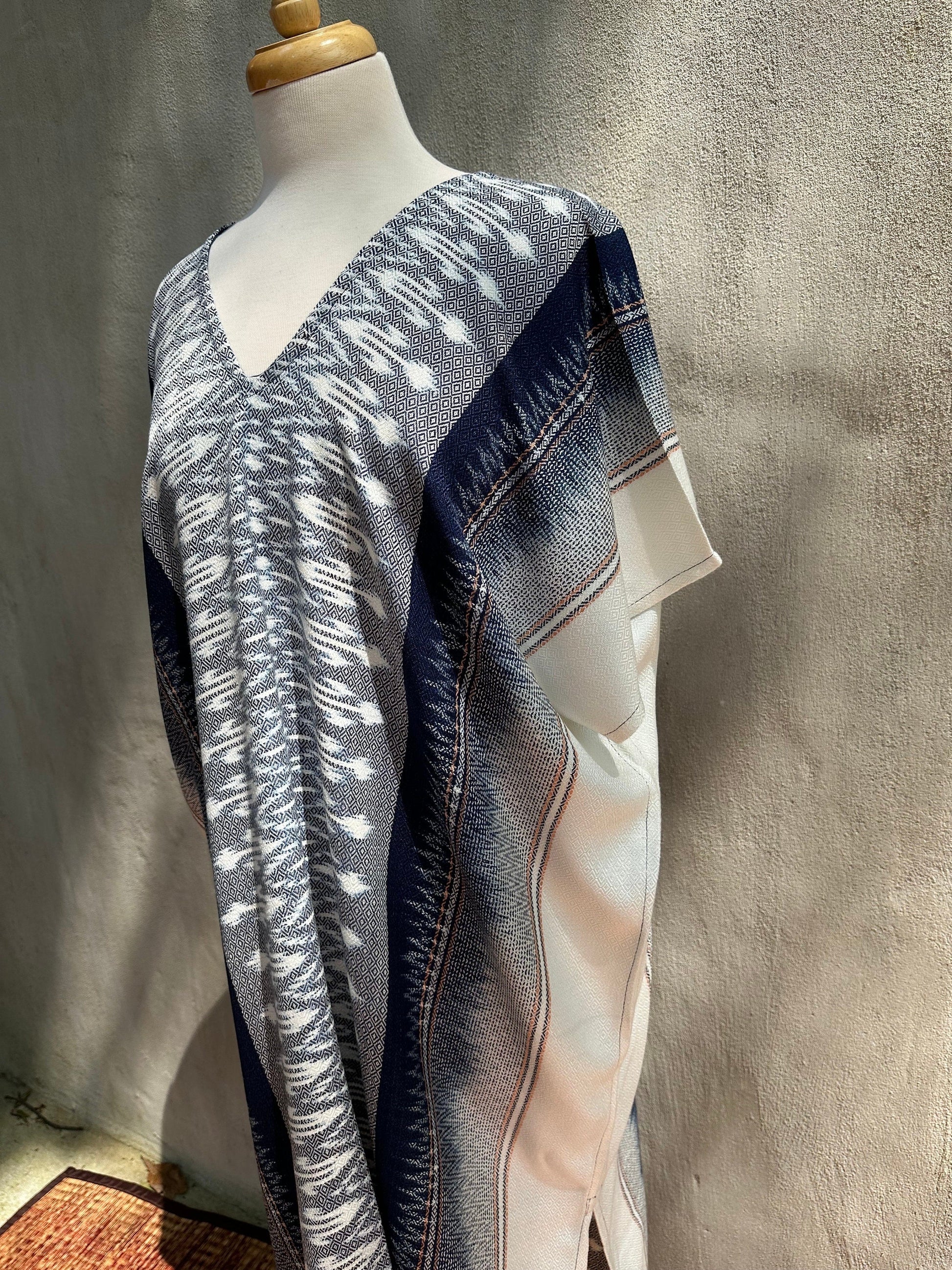 MALA handworks  Ikat Hand Woven Pattern Kaftan in Indigo Blue with White