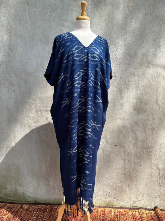 MALA handworks  Ikat Hand Woven Pattern Kaftan in Indigo Blue with White