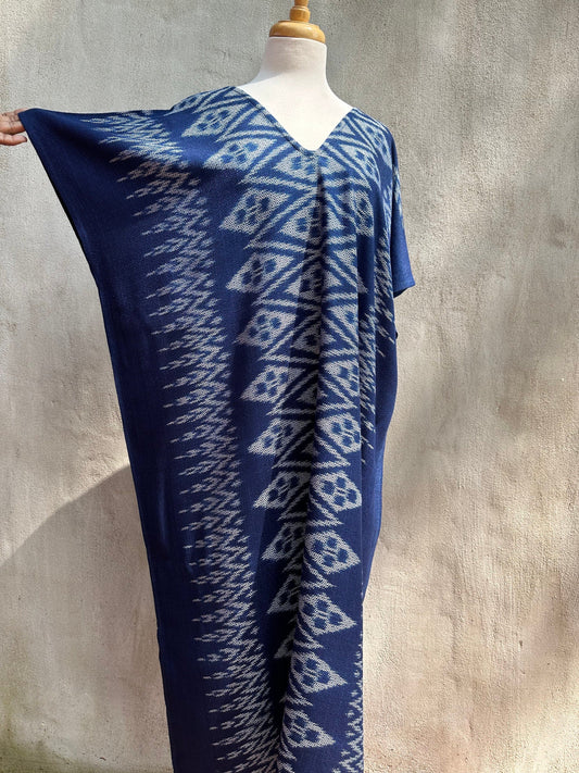 MALA handworks  Ikat Hand Woven Pattern Kaftan in Indigo Blue with White