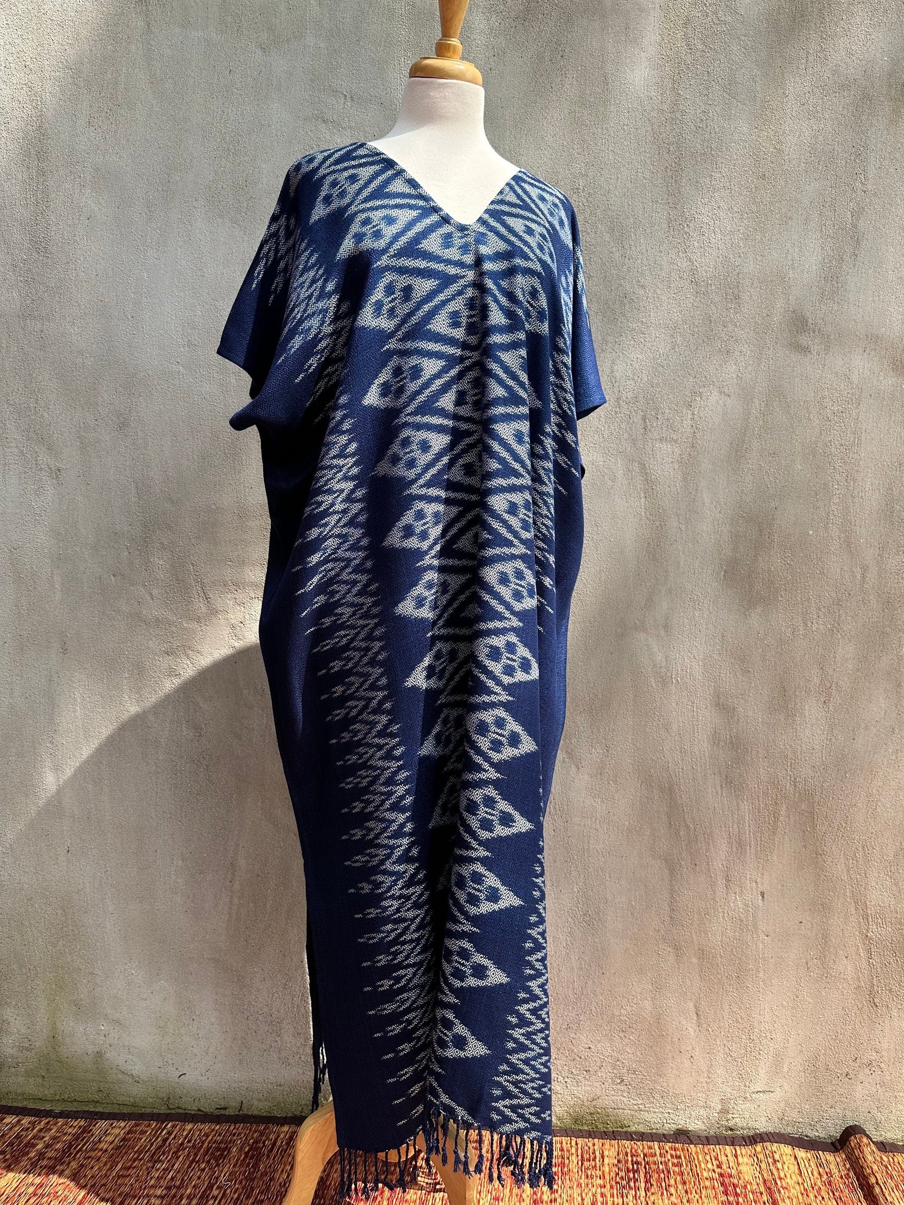 MALA handworks  Ikat Hand Woven Pattern Kaftan in Indigo Blue with White