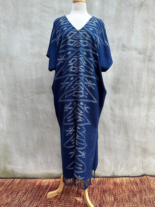 MALA handworks  Ikat Hand Woven Pattern Kaftan in Indigo Blue with White