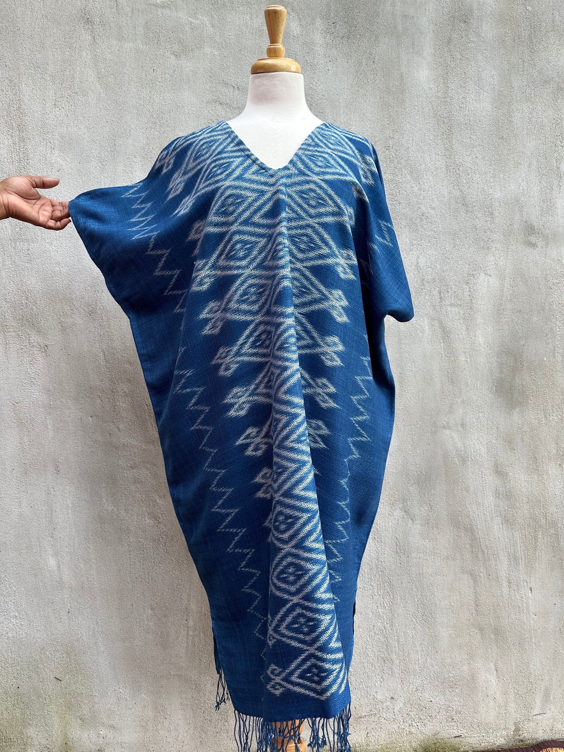 MALA handworks  Ikat Hand Woven Pattern Kaftan in Indigo Blue with White