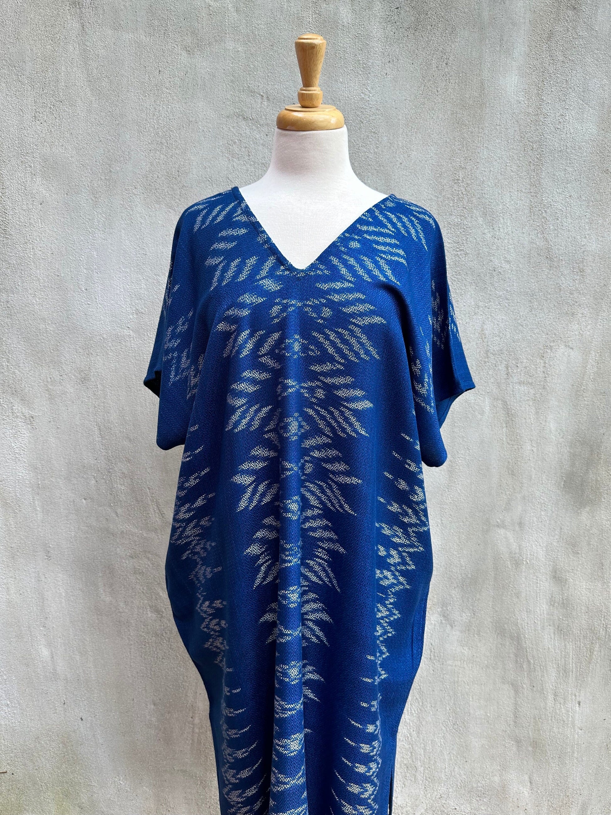 MALA handworks  Ikat Hand Woven Pattern Kaftan in Indigo Blue with White