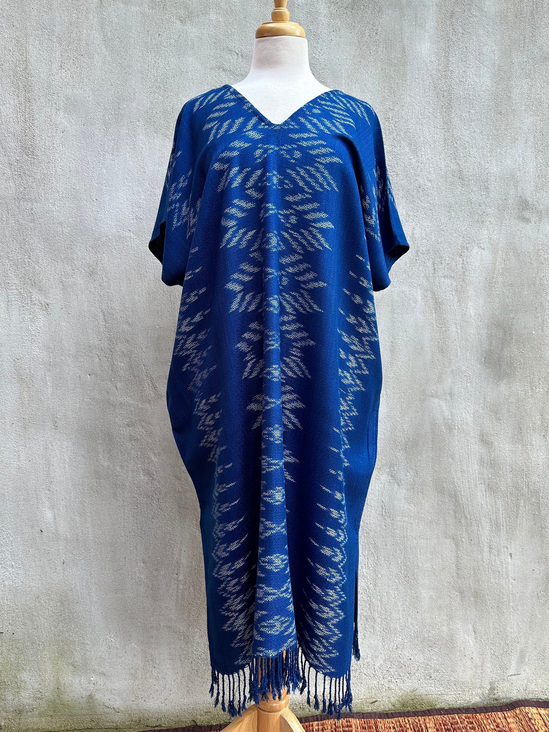 MALA handworks  Ikat Hand Woven Pattern Kaftan in Indigo Blue with White