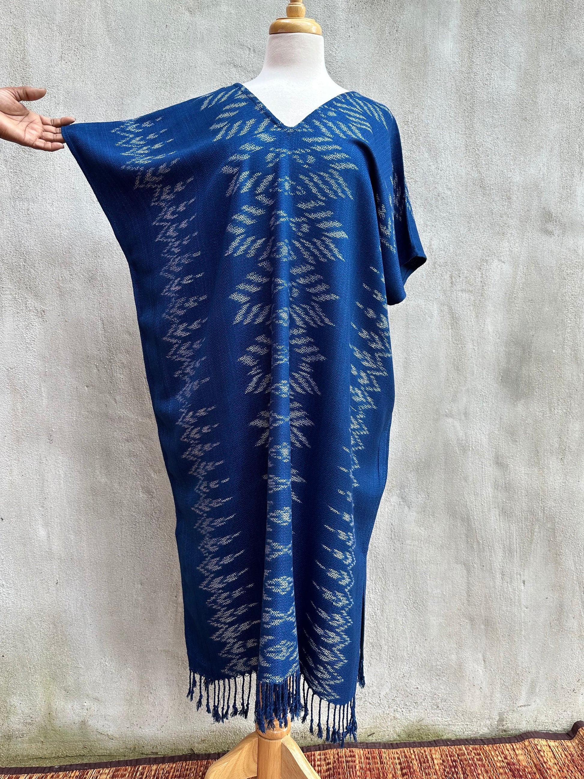 MALA handworks  Ikat Hand Woven Pattern Kaftan in Indigo Blue with White