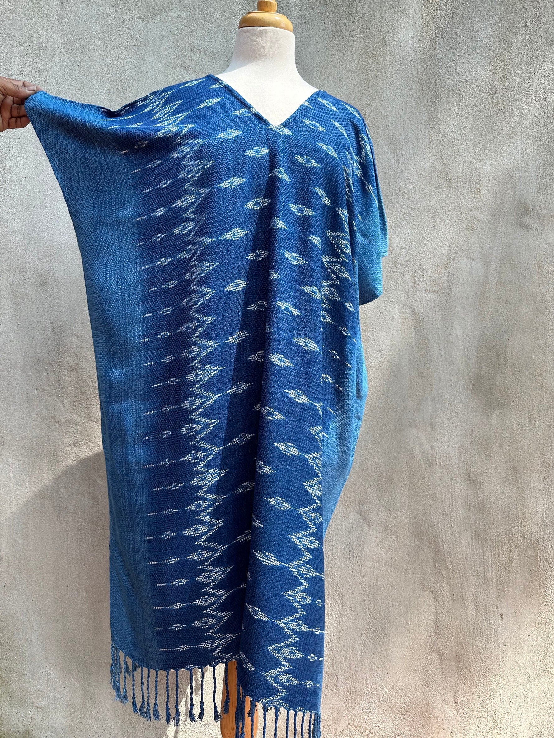 MALA handworks  Ikat Hand Woven Pattern Kaftan in Indigo Blue with White