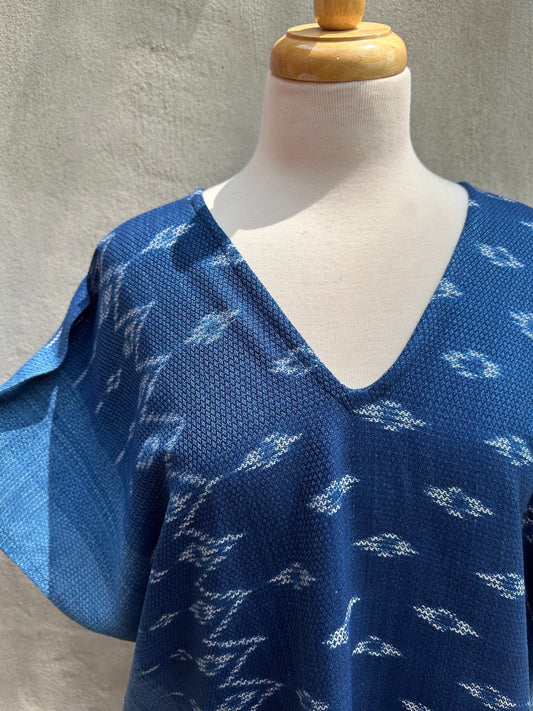 MALA handworks  Ikat Hand Woven Pattern Kaftan in Indigo Blue with White