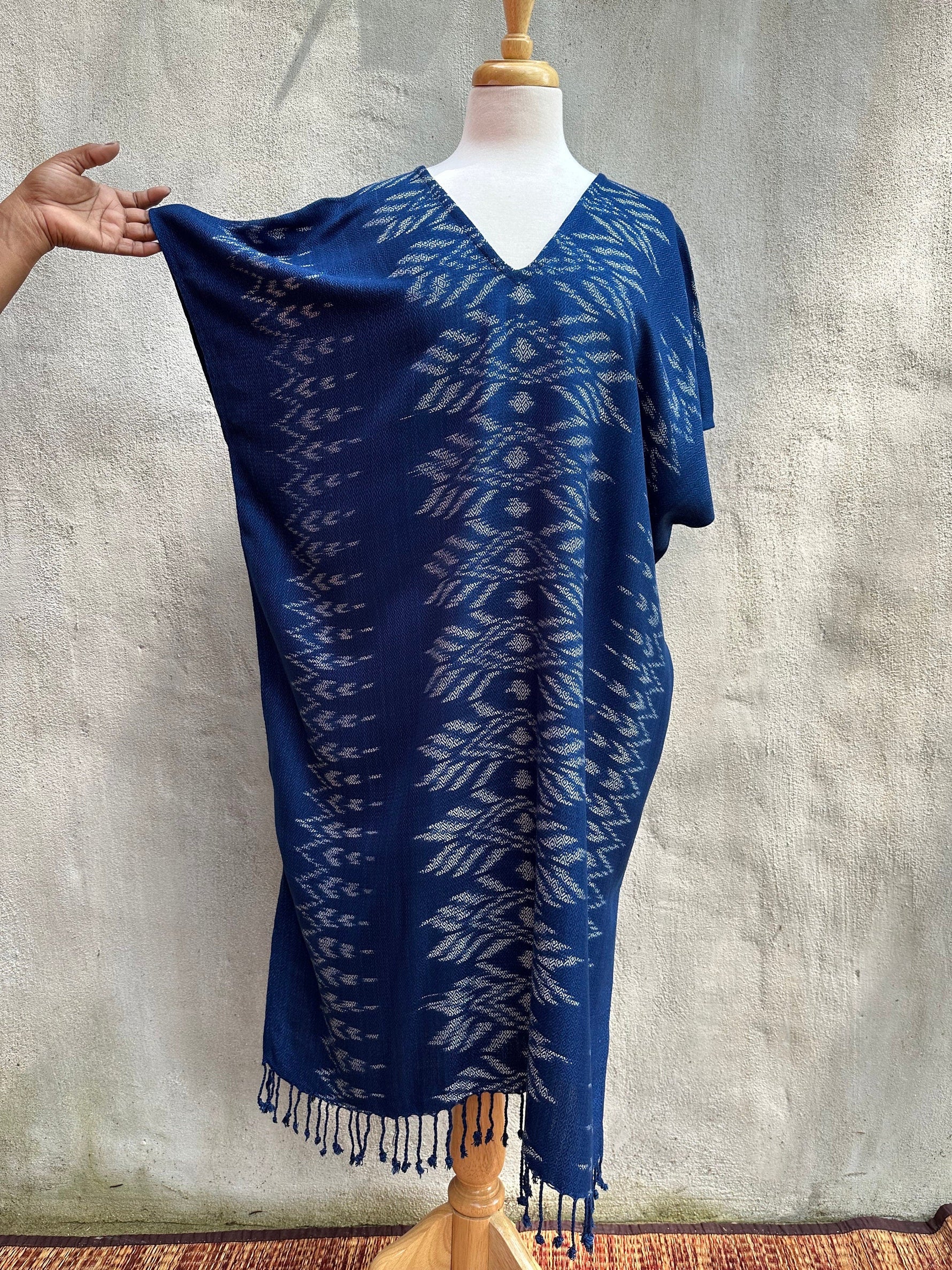 MALA handworks  Ikat Hand Woven Pattern Kaftan in Indigo Blue with White