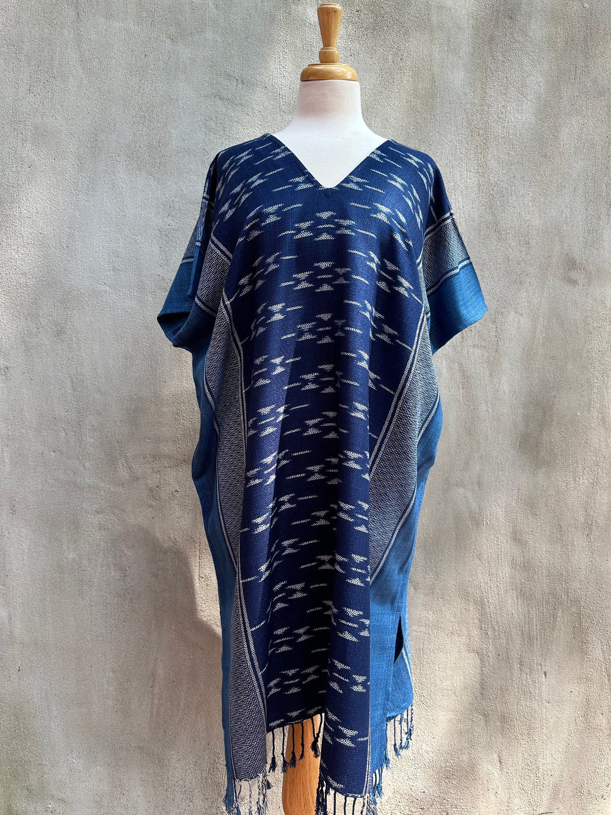 MALA handworks  Ikat Hand Woven Pattern Kaftan in Indigo Blue with White