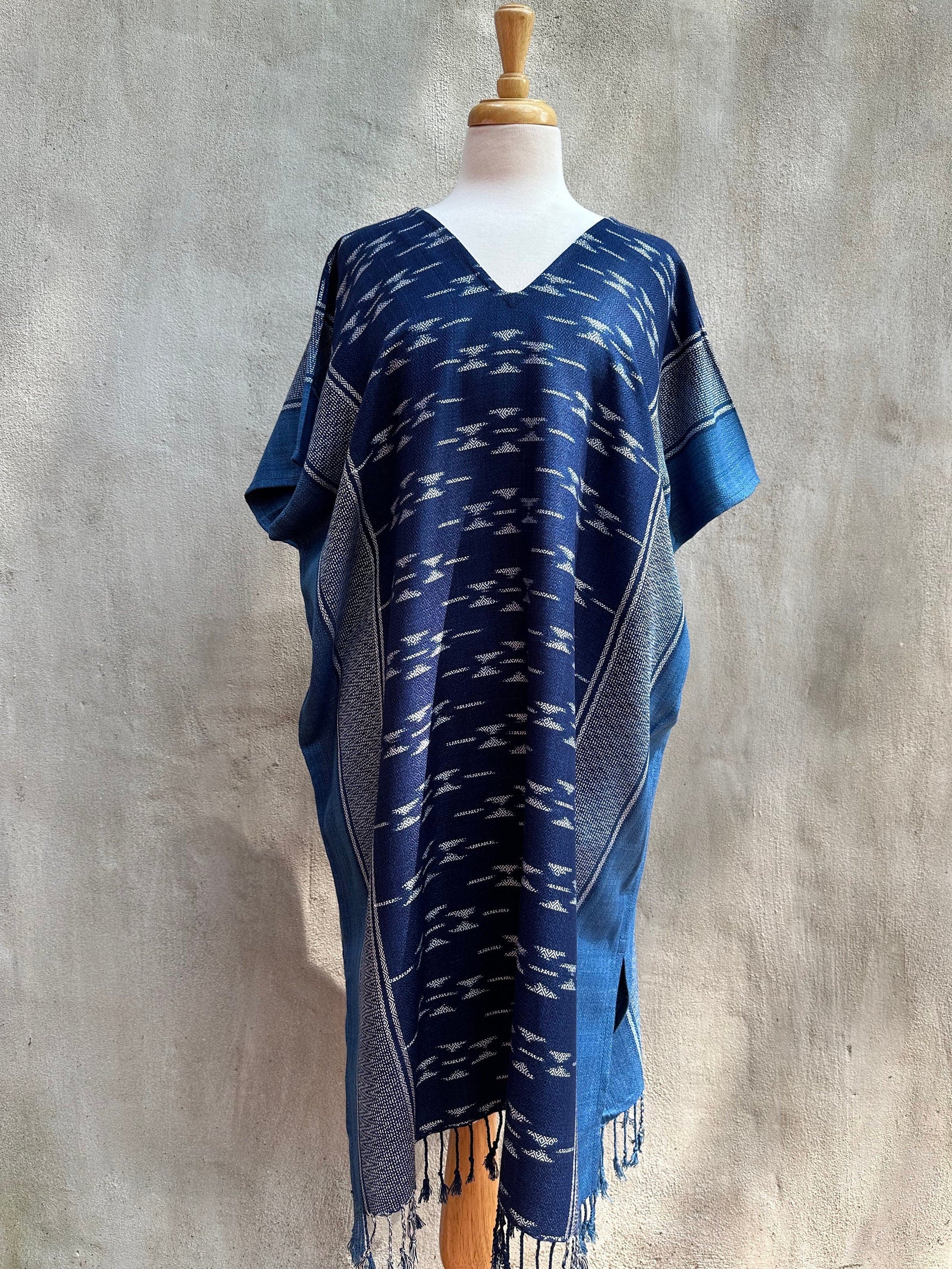 MALA handworks  Ikat Hand Woven Pattern Kaftan in Indigo Blue with White