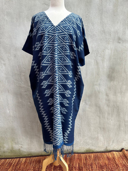 MALA handworks  Ikat Hand Woven Pattern Kaftan in Indigo Blue with White