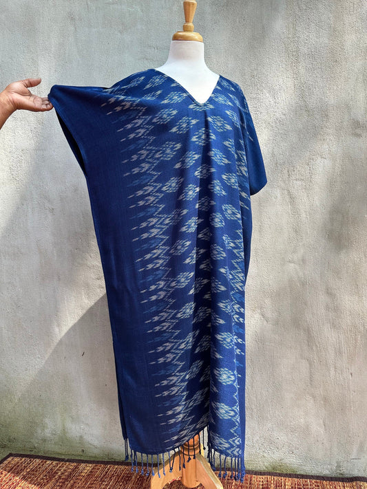 MALA handworks  Ikat Hand Woven Pattern Kaftan in Indigo Blue with White