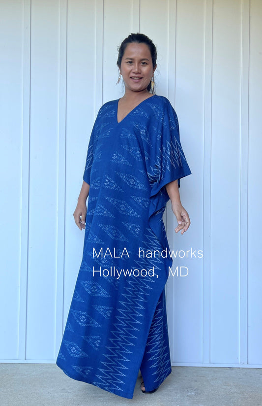 MALA handworks  Ikat Hand Woven Pattern Kaftan in Indigo Blue with White