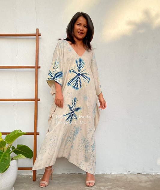 MALA handworks  Indigo Kaftan in Cream White and Hand Dyed Indigo Blue