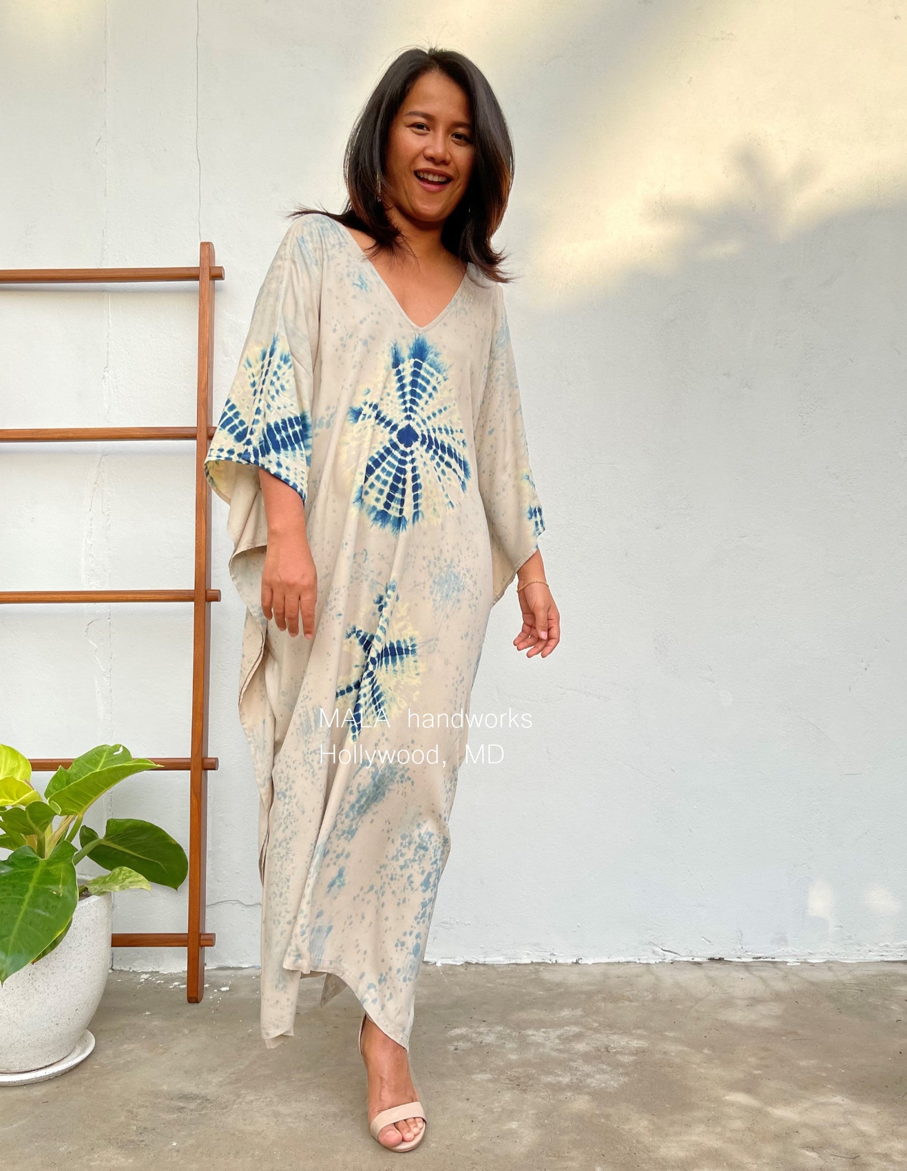 MALA handworks  Indigo Kaftan in Cream White and Hand Dyed Indigo Blue