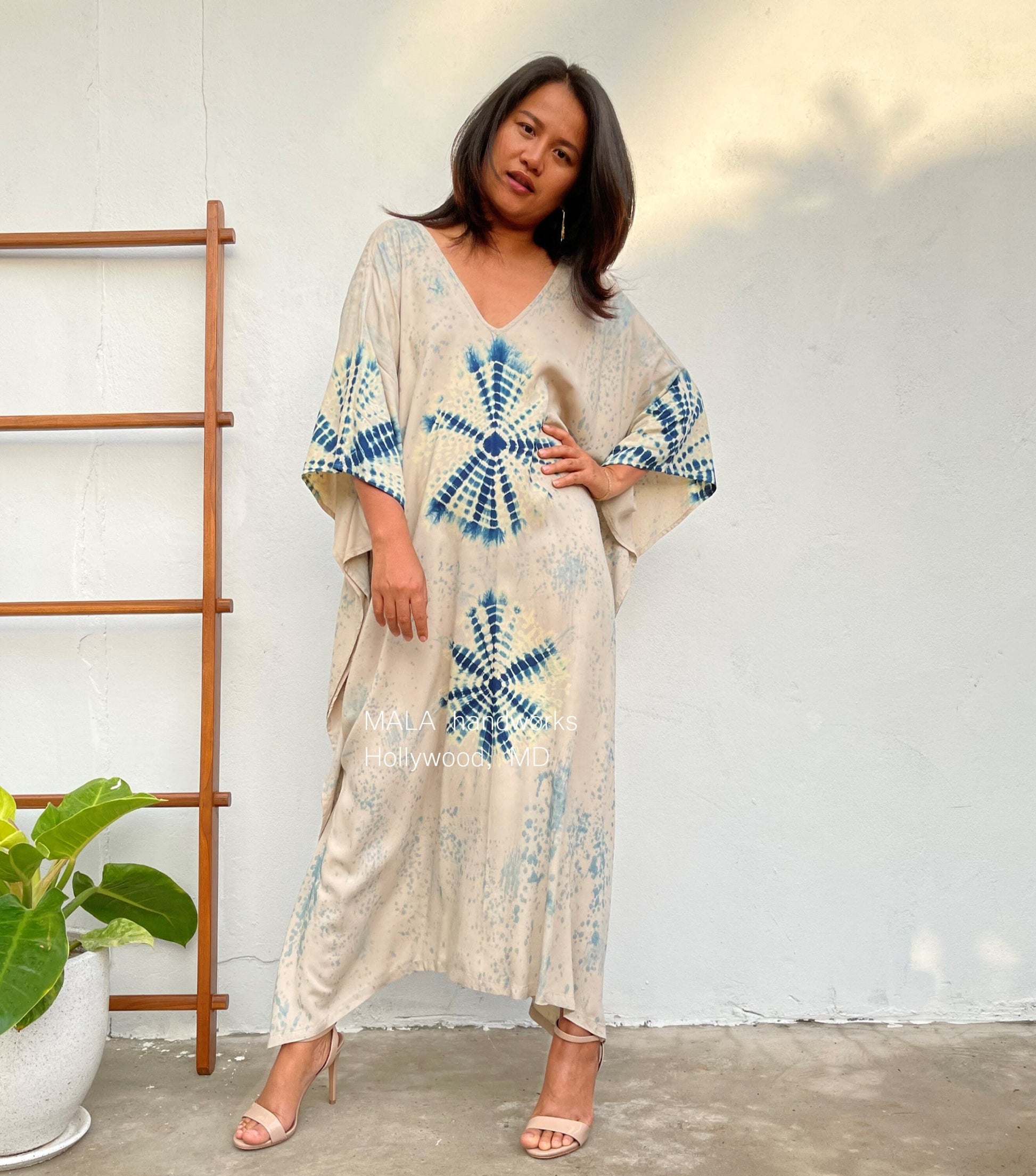 MALA handworks  Indigo Kaftan in Cream White and Hand Dyed Indigo Blue