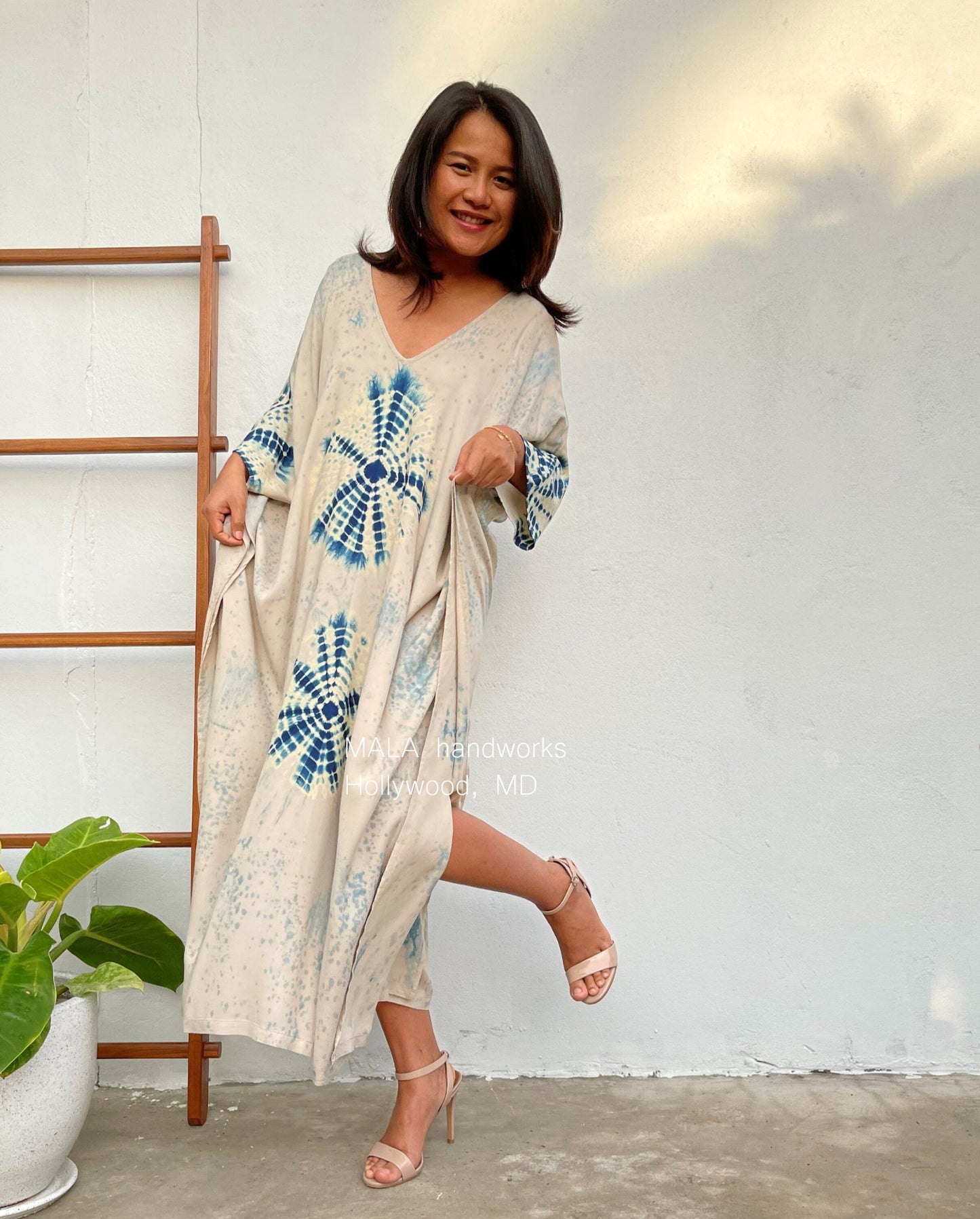 MALA handworks  Indigo Kaftan in Cream White and Hand Dyed Indigo Blue