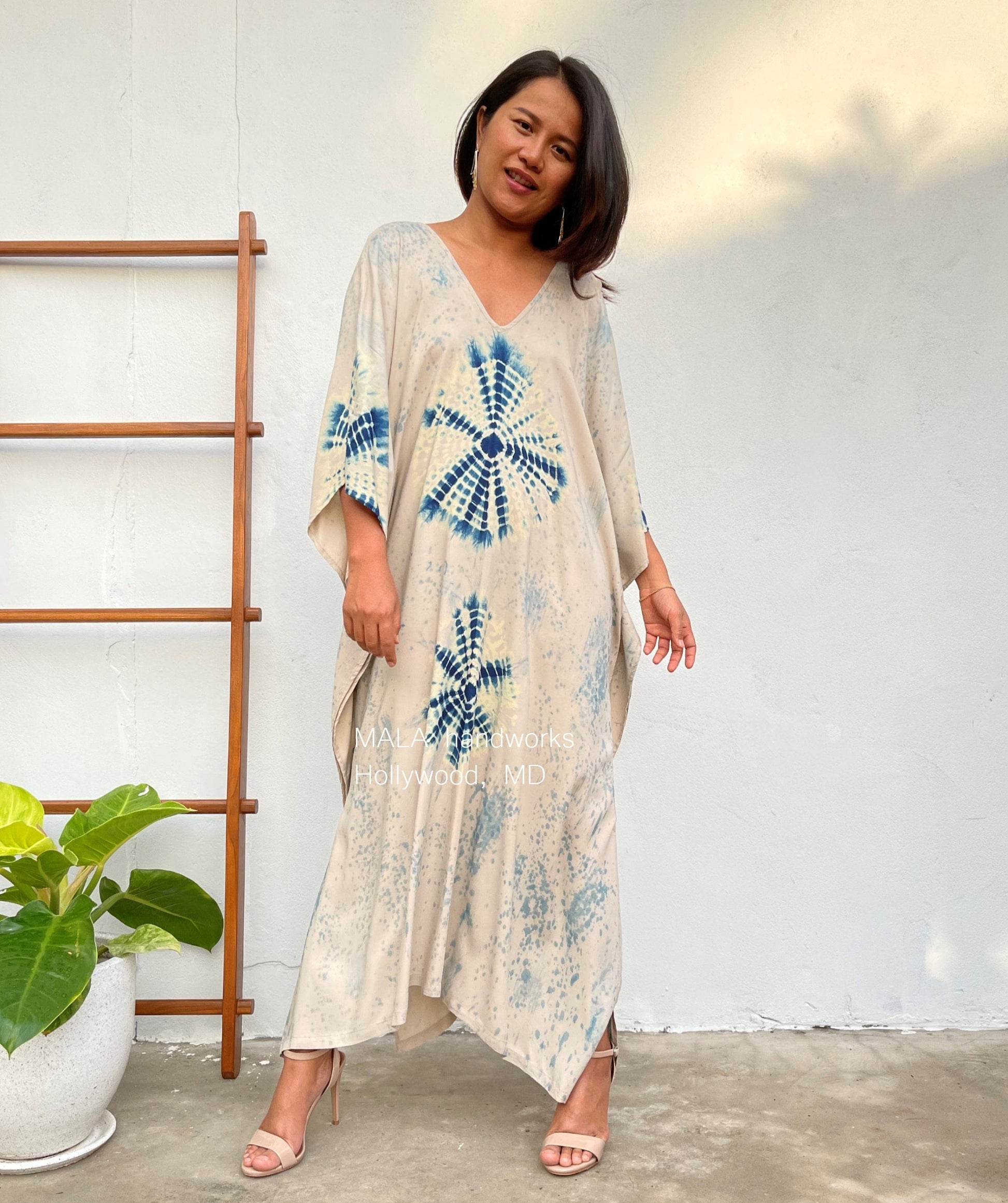 MALA handworks  Indigo Kaftan in Cream White and Hand Dyed Indigo Blue