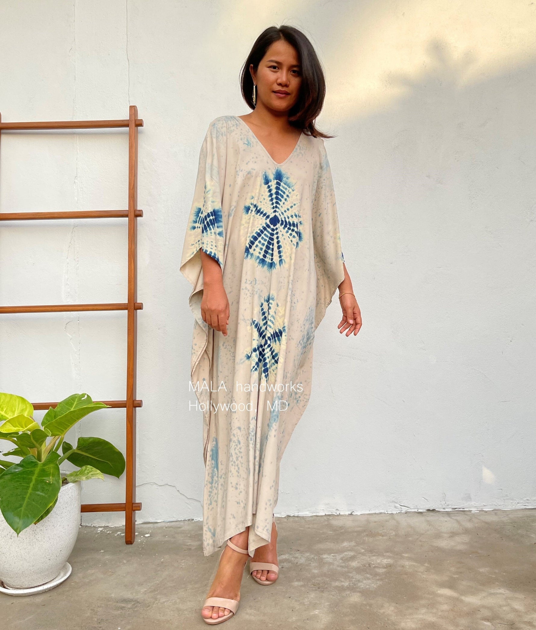 MALA handworks  Indigo Kaftan in Cream White and Hand Dyed Indigo Blue