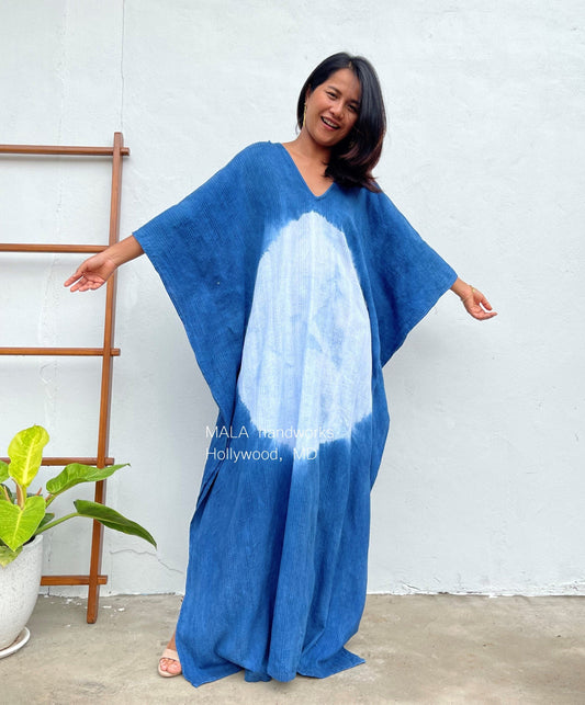 MALA handworks  Indigo Kaftan in Hand Dyed Indigo Blue and White