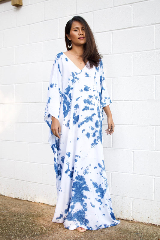 MALA handworks  Indigo Kaftan in White and Hand Dyed Indigo Blue