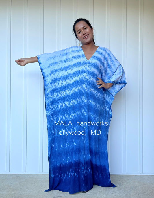 MALA handworks  Indigo Kaftan in White and Hand Dyed Indigo Blue