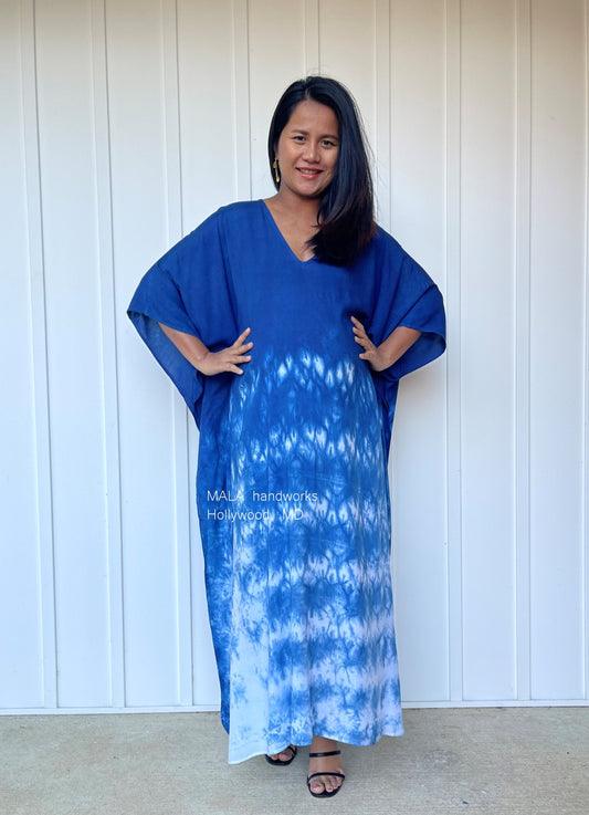 MALA handworks  Indigo Kaftan in White and Hand Dyed Indigo Blue