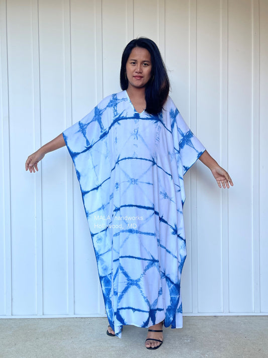 MALA handworks  Indigo Kaftan in White and Hand Dyed Indigo Blue