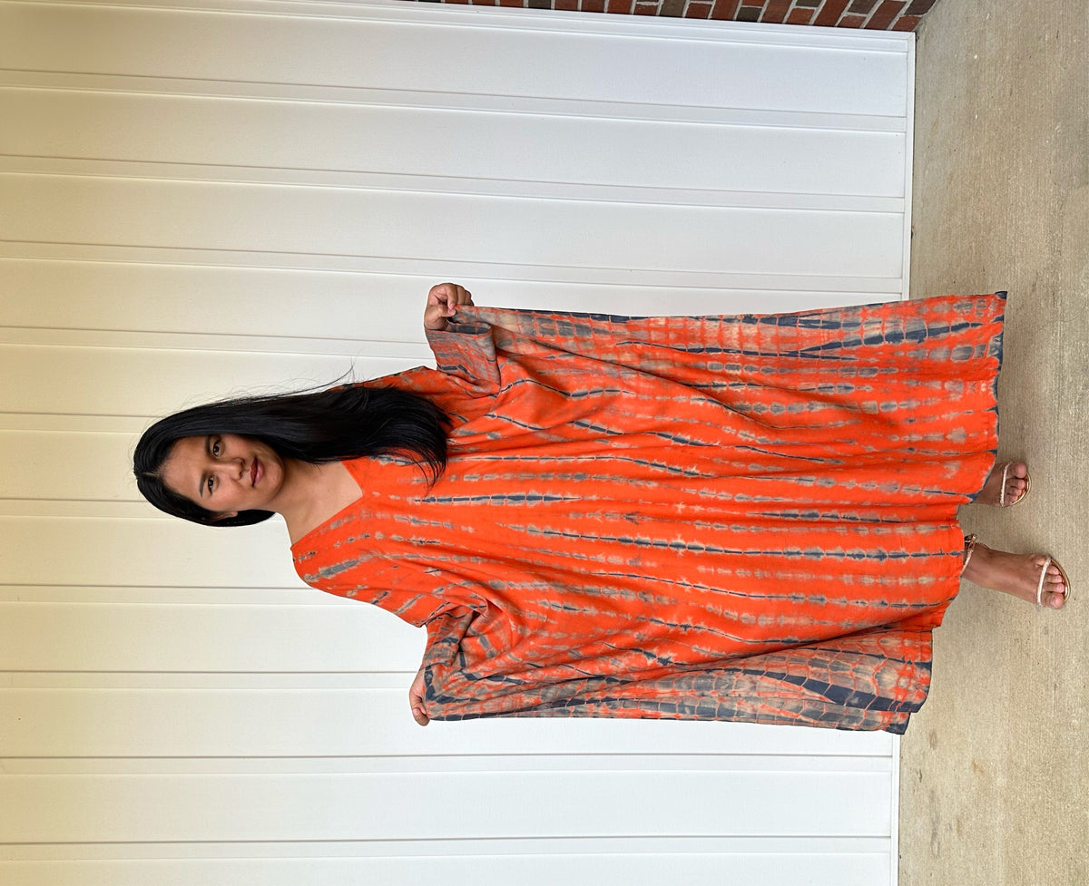 MALA handworks iynta Kaftan in Orange and Black Tie Dye