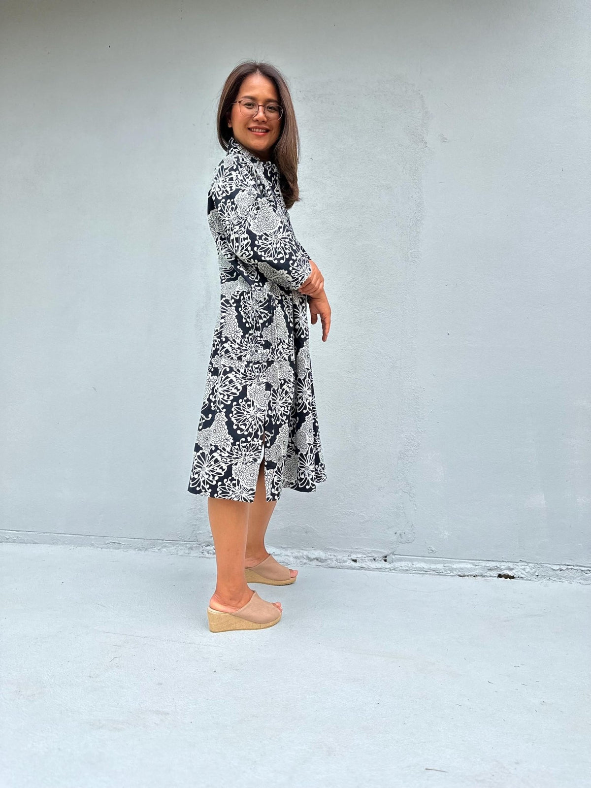 Kaia Blossom Fleece Lined Dress in Black & Cream-KM-5-Mala Handworks