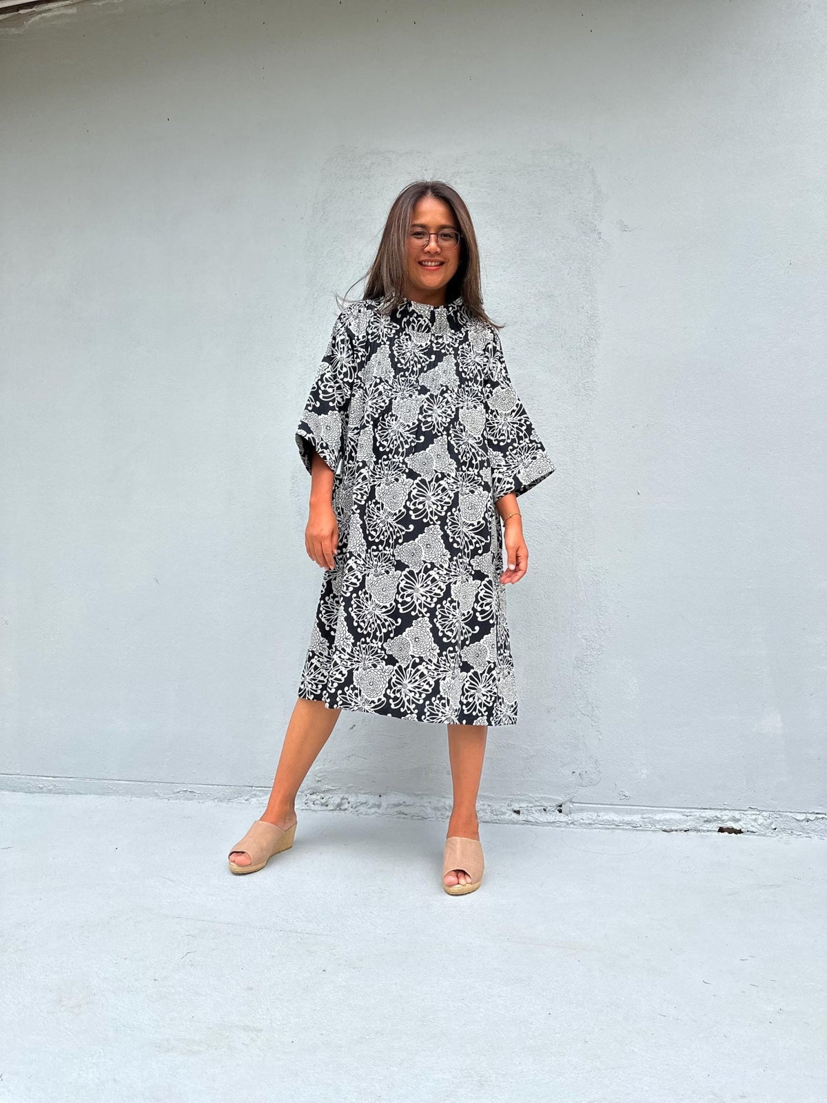 Kaia Blossom Fleece Lined Dress in Black & Cream-KM-5-Mala Handworks