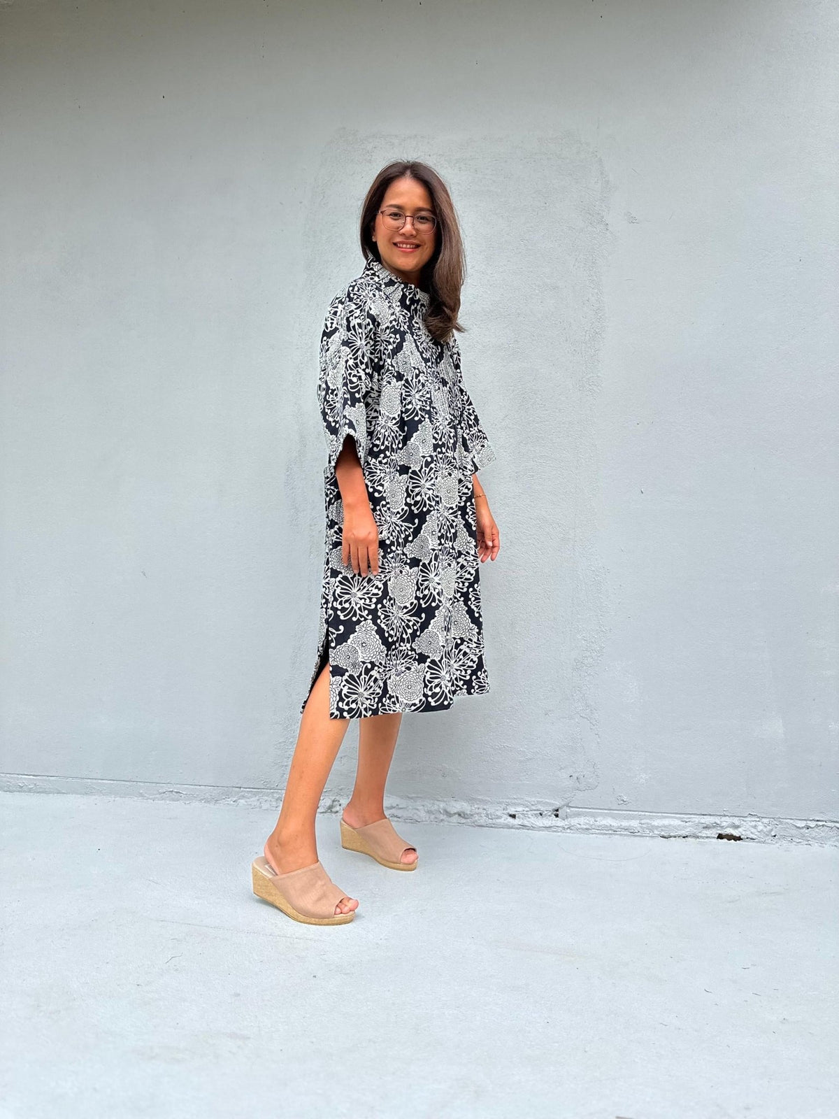 Kaia Blossom Fleece Lined Dress in Black & Cream-KM-5-Mala Handworks